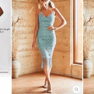 Jaus Light Blue Lace Fringe Midi Dress